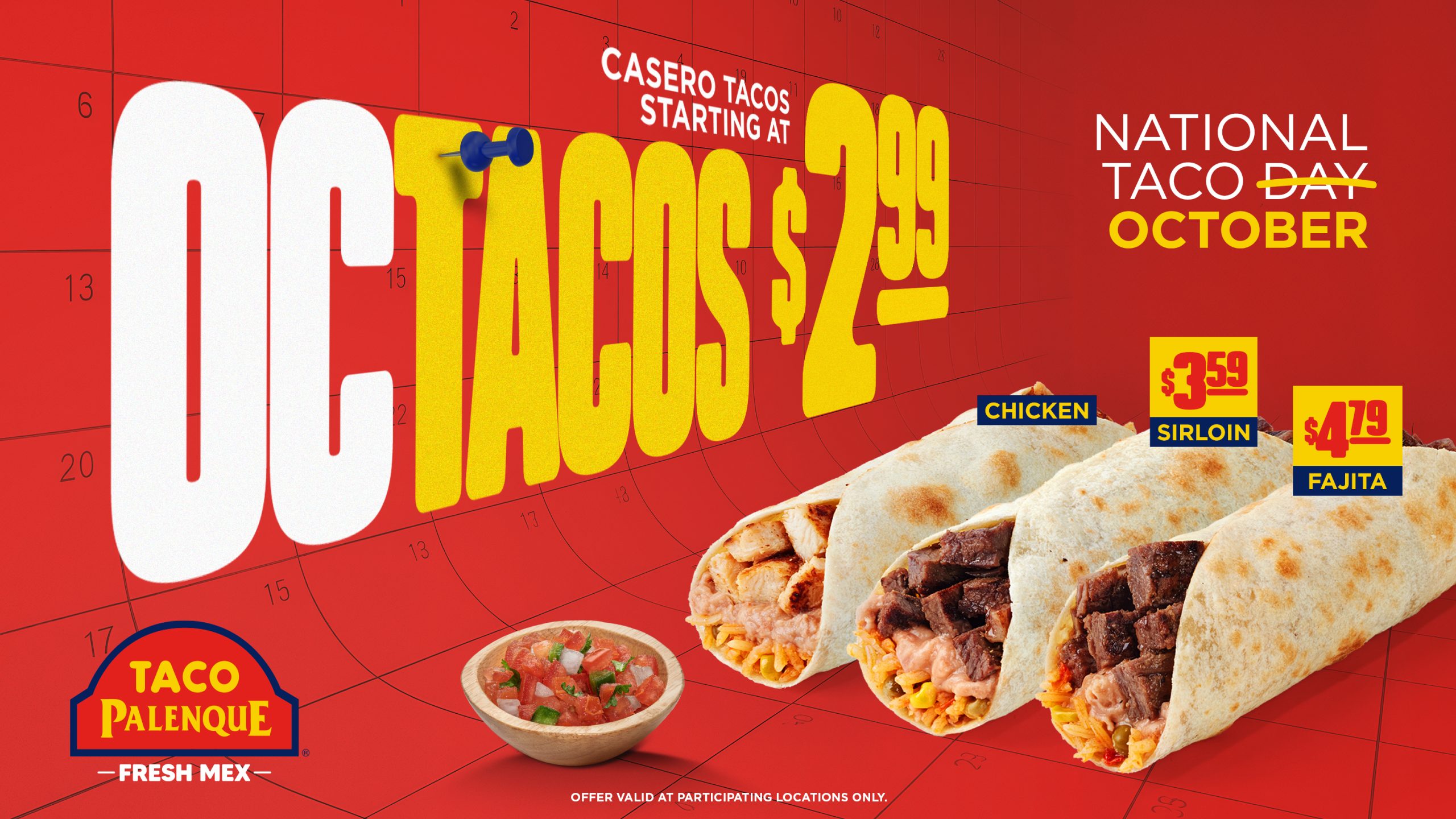 October Taco Month at Taco Palenque – Casero tacos starting at $2.99 with chicken, sirloin, and fajita options.